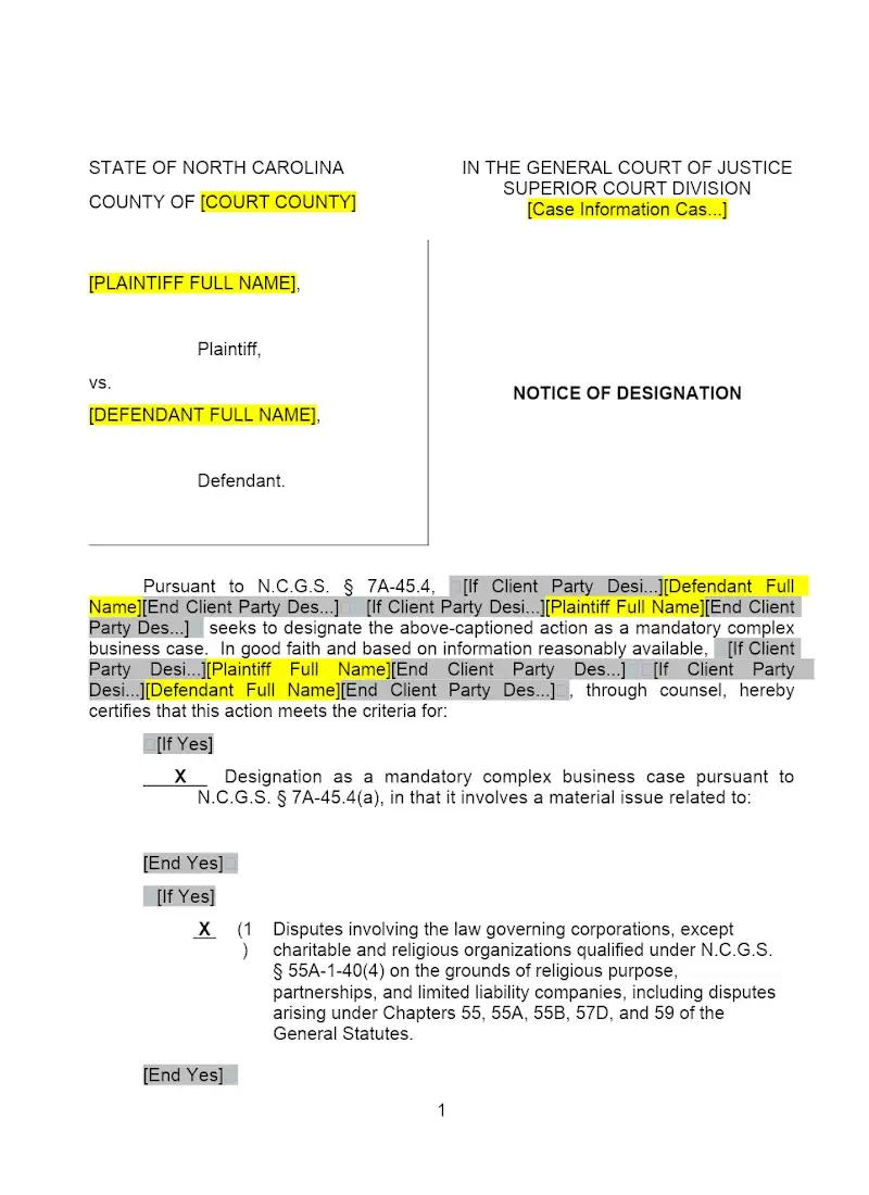 Notice of Designation (Business Court)