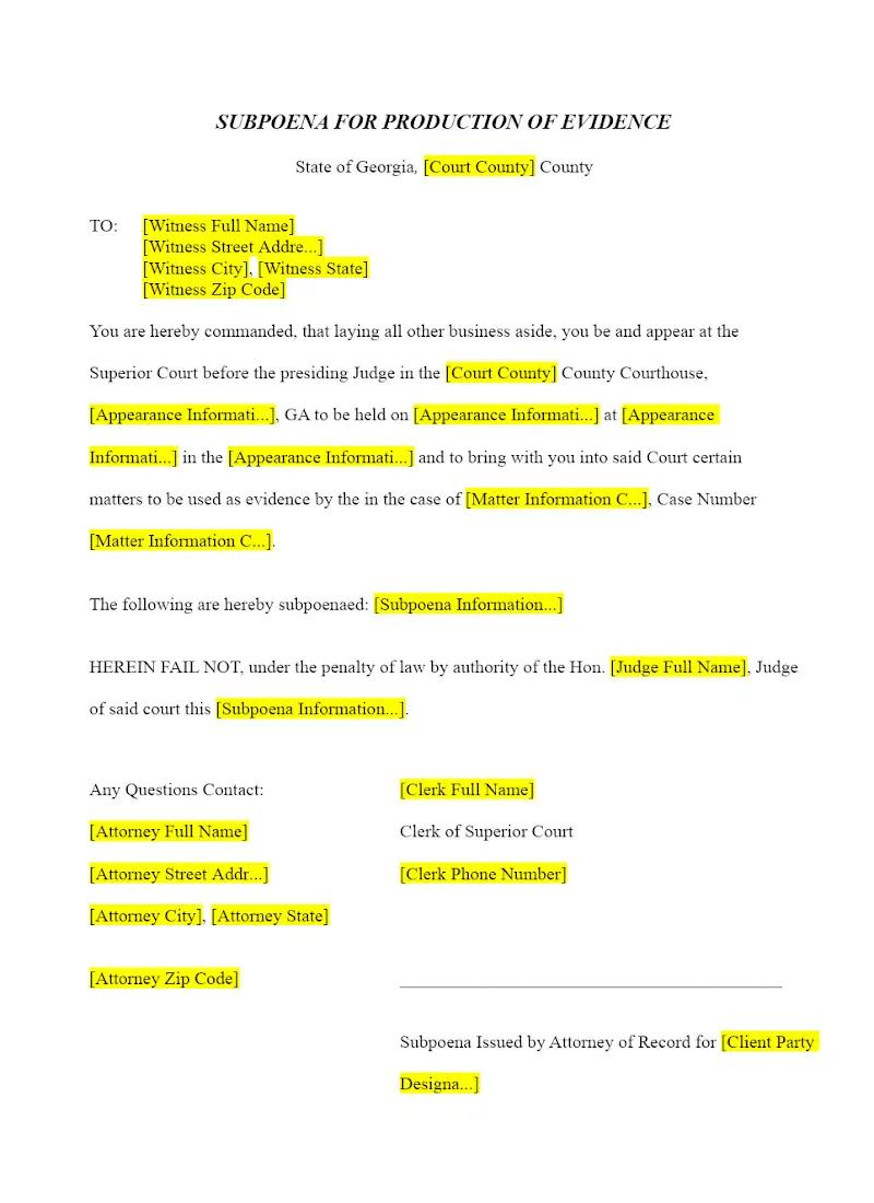 Subpoena for Production of Evidence