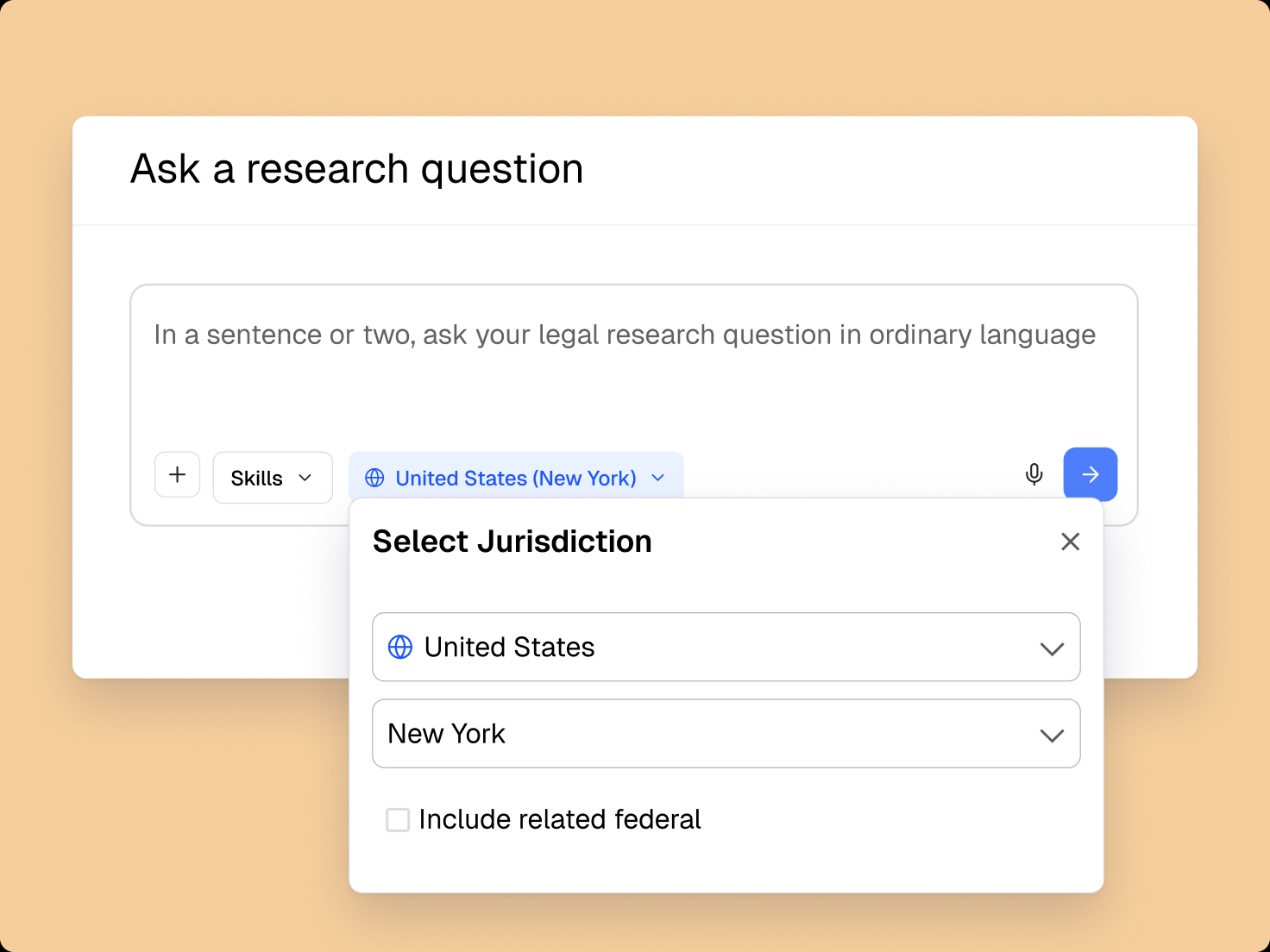 A research question box with the jurisdiction picker set to United States, New York, and an option to include related federal law.