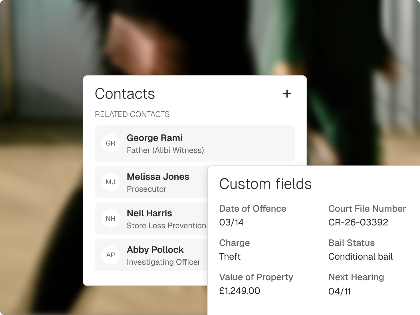 A criminal matter’s related contacts, including an alibi witness, prosecutor, and investigating officer, beside custom fields for the charge, court file number, bail status, and next hearing.