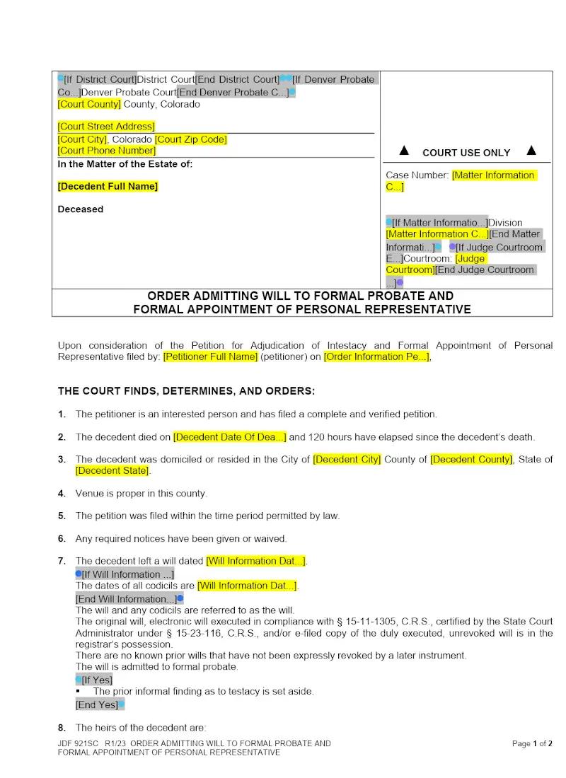 Order Admitting Will to Formal Probate (JDF 921)