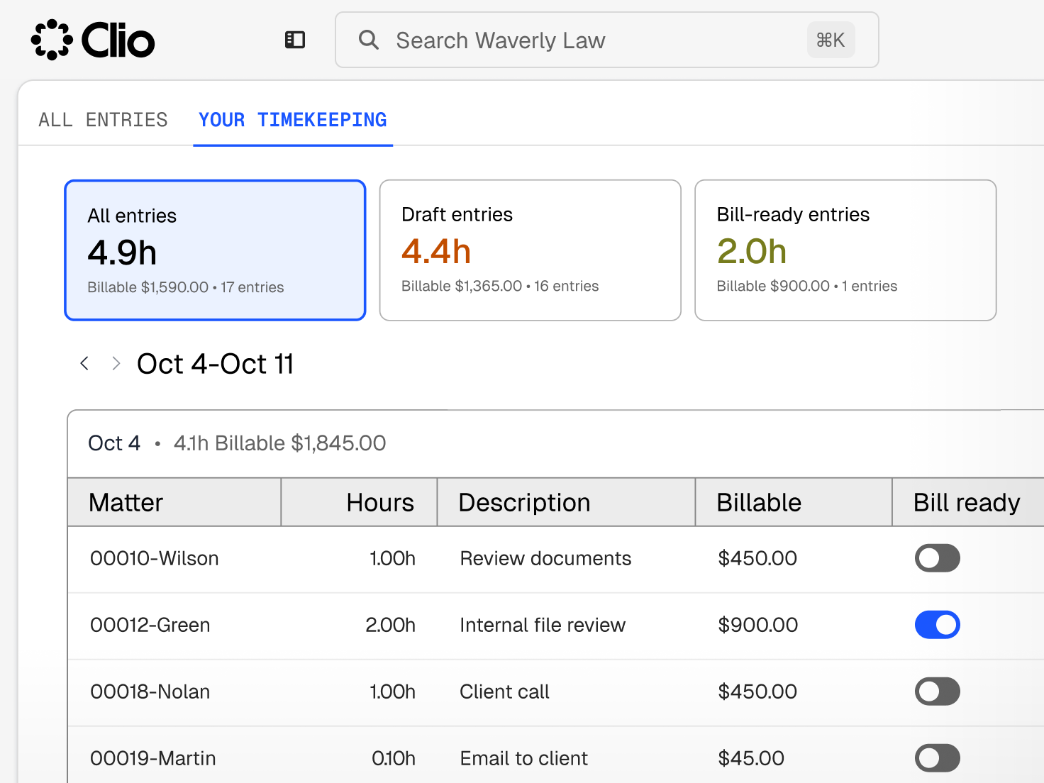 Clio document management interface showing a list of legal files and documents with options to open and view versions.