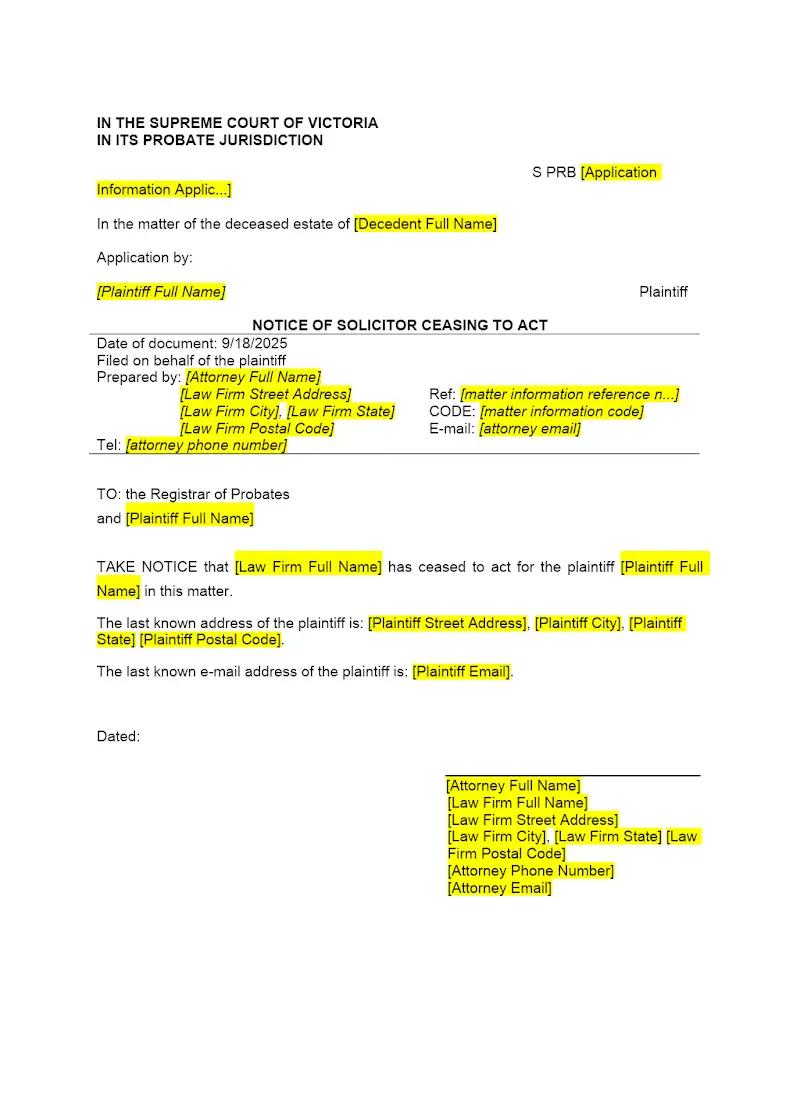Notice of Solicitor Ceasing to Act