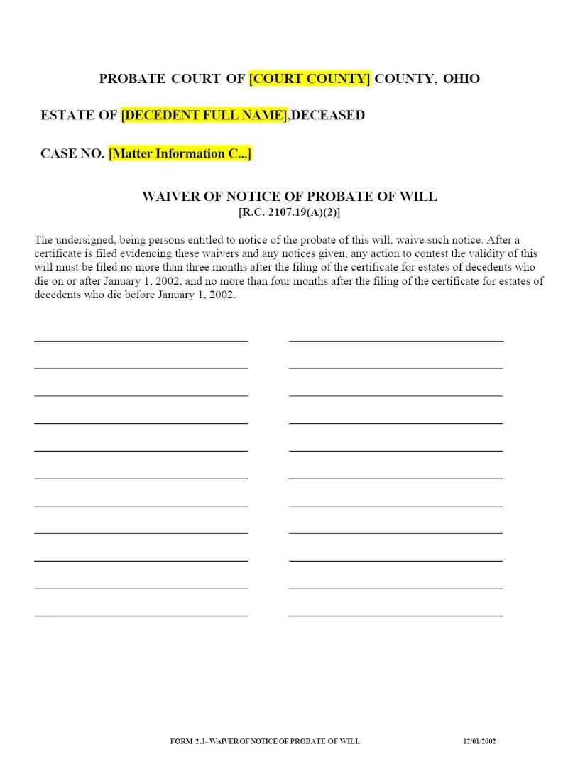 Waiver of Notice of Probate of Will (Form 2.1)