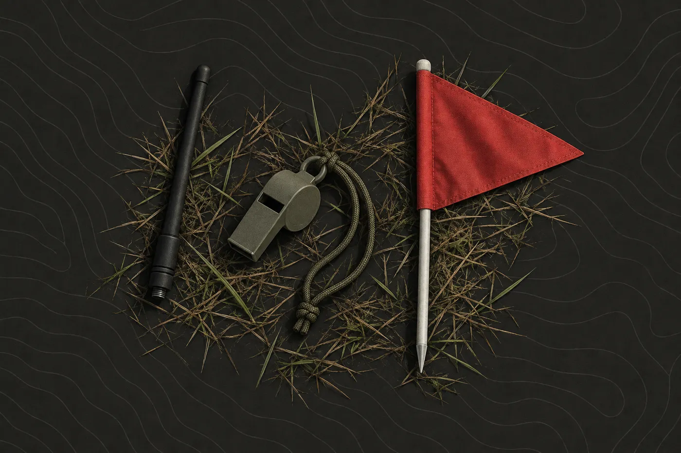 A marshal's whistle and a red flag marker lying on grass beside a radio antenna