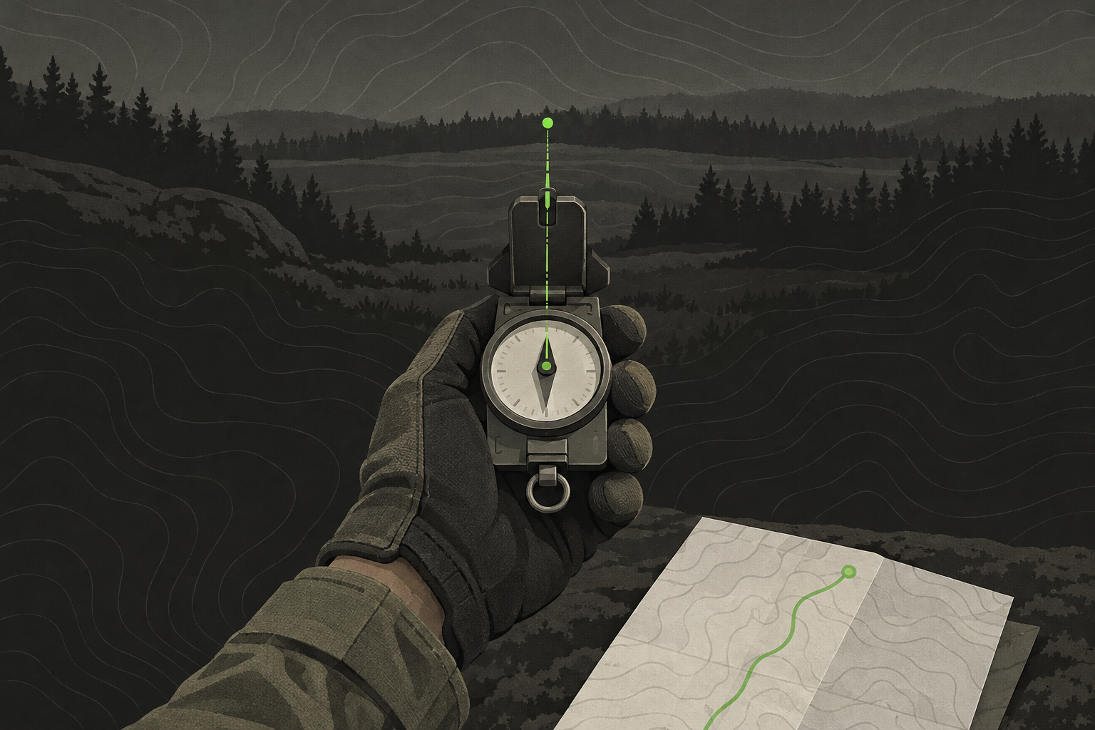 A hand holding a baseplate compass over a map, sighting a bearing toward a tree line