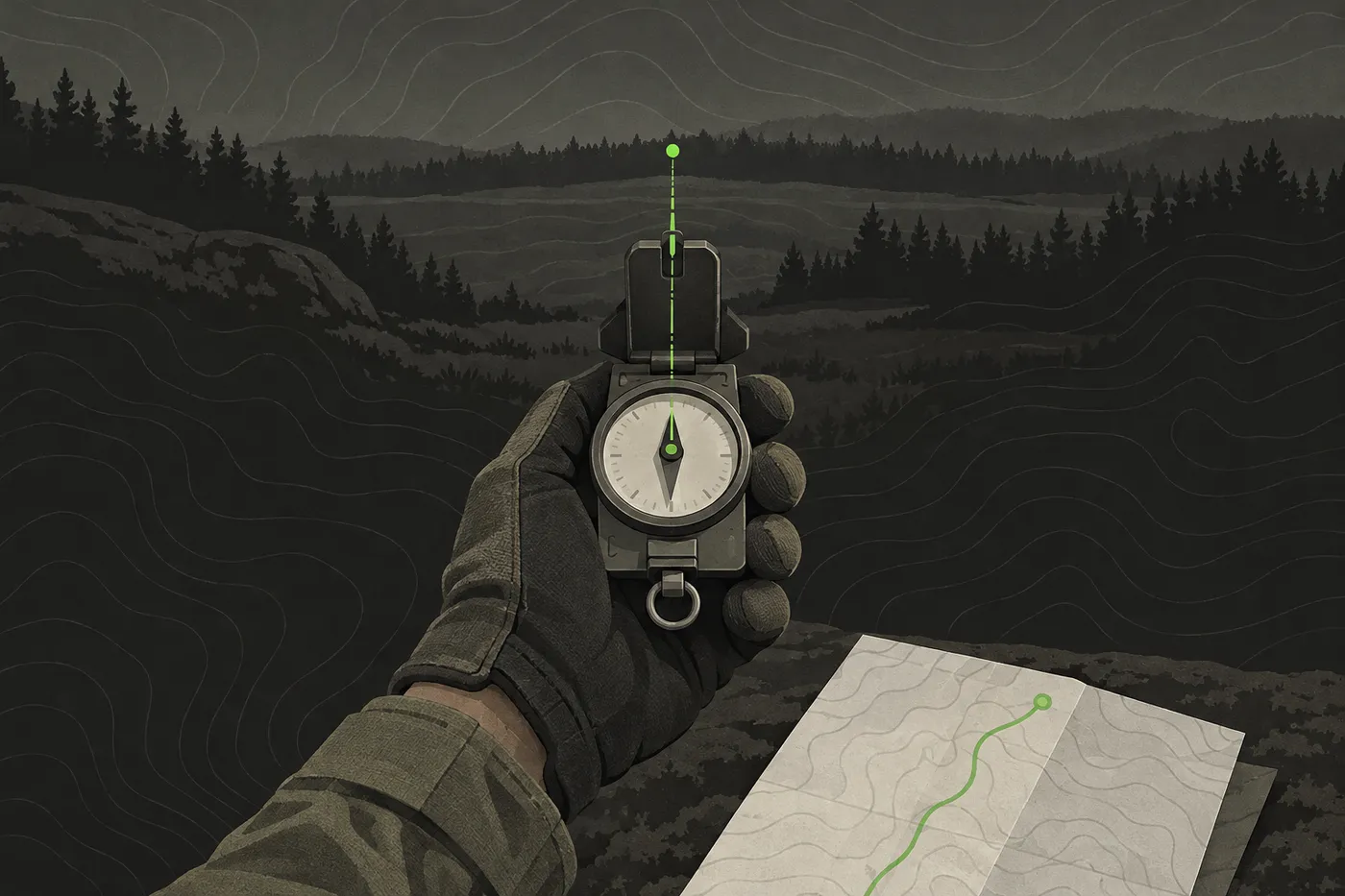A hand holding a baseplate compass over a map, sighting a bearing toward a tree line