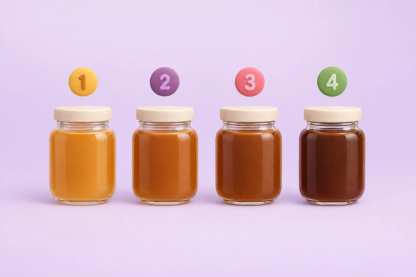 Four jars of caramel colored syrup in different shades of brown with numeral labels