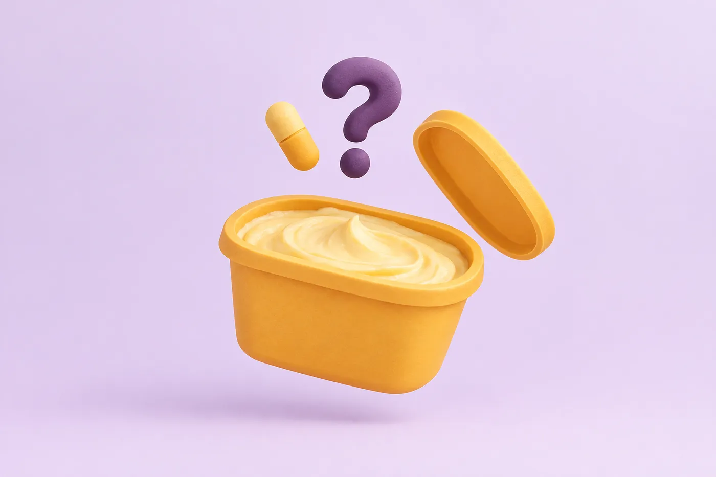 An unlabeled spread tub with a question mark and a vitamin capsule above it