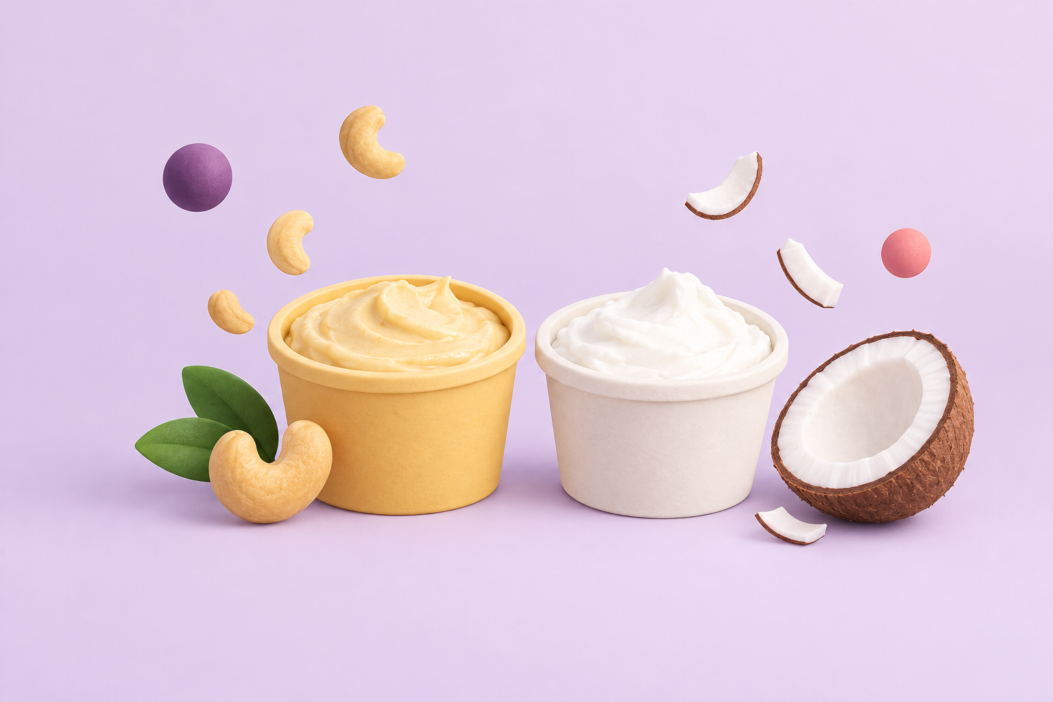 Two unlabeled tubs of spread beside a cashew and half a coconut