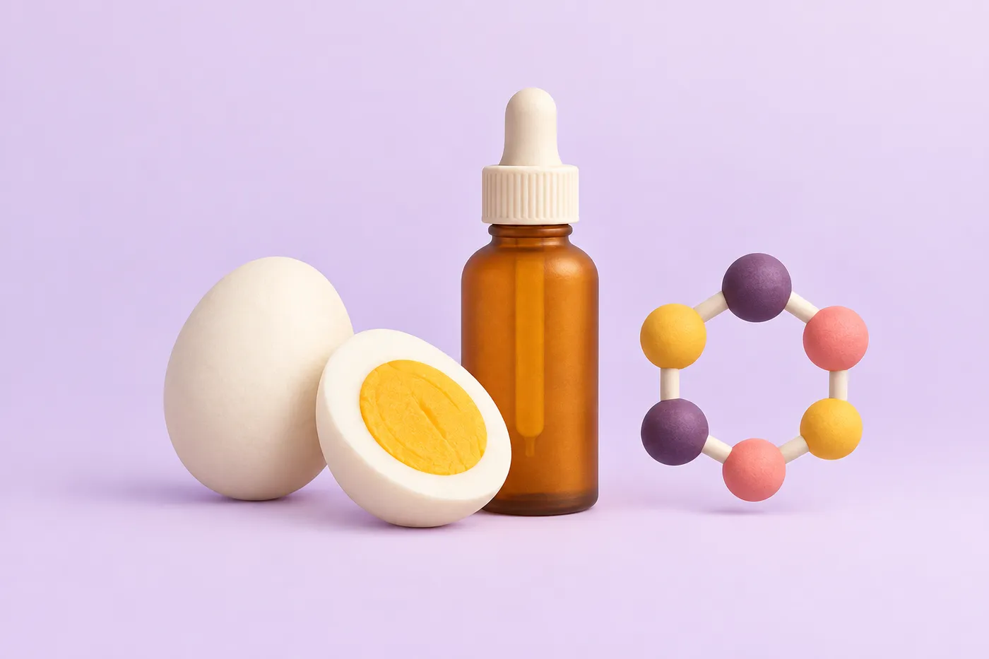 Two hard-boiled eggs and an amber dropper bottle next to a simple molecular symbol
