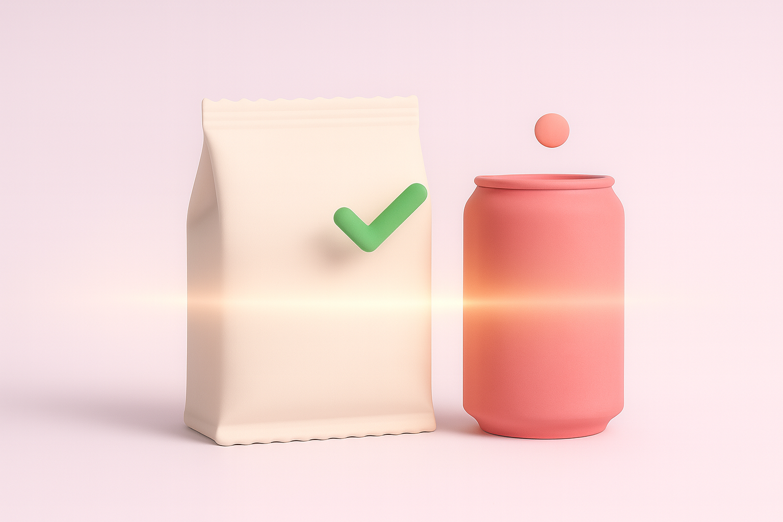 Two plain food packages, one with a green check and one with a pink warning dot