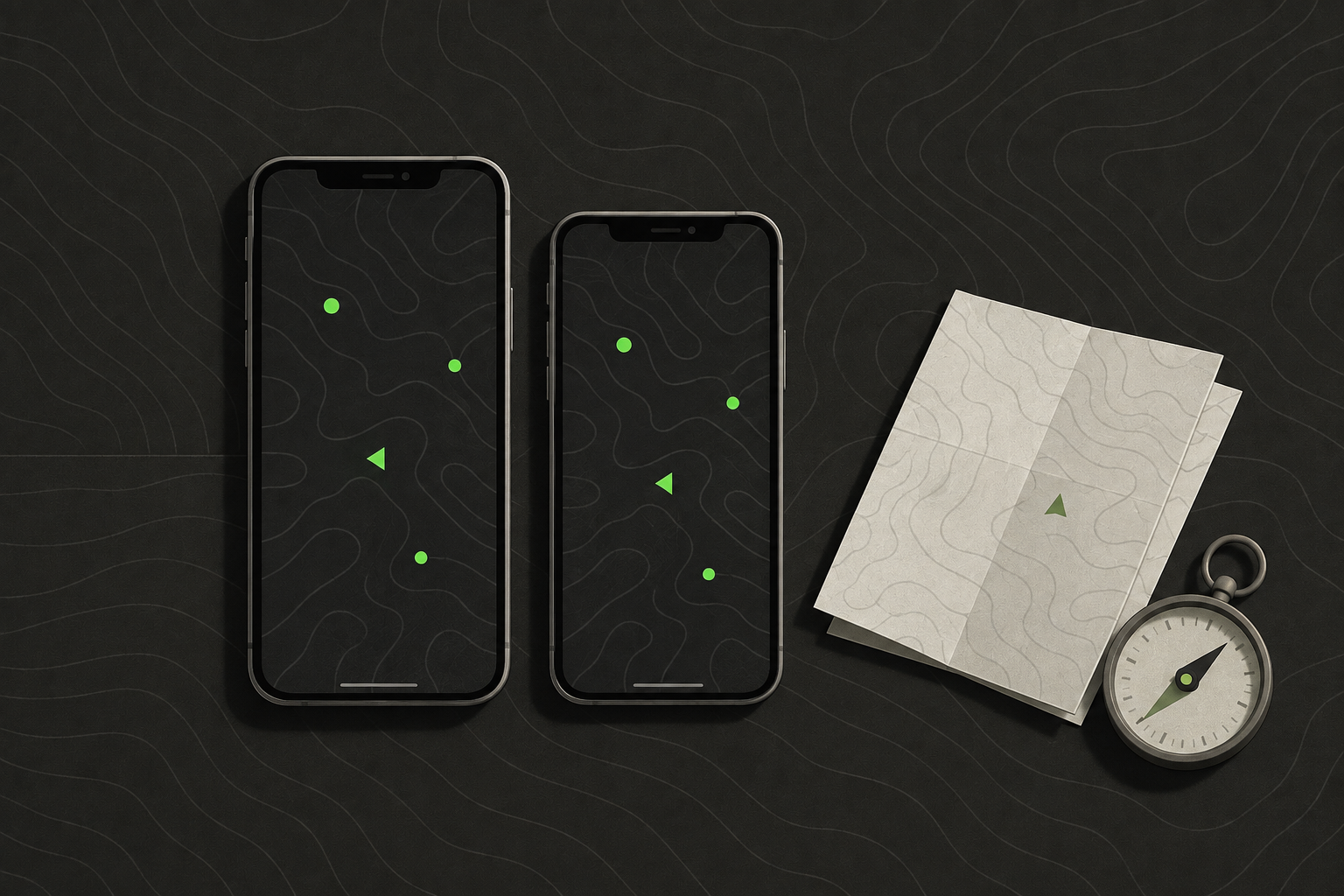 Two different phones side by side showing the same map with matching green position dots