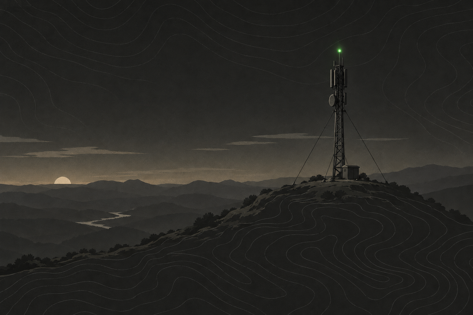 A repeater antenna mast on a hilltop above contour-lined ground, with a small green status light