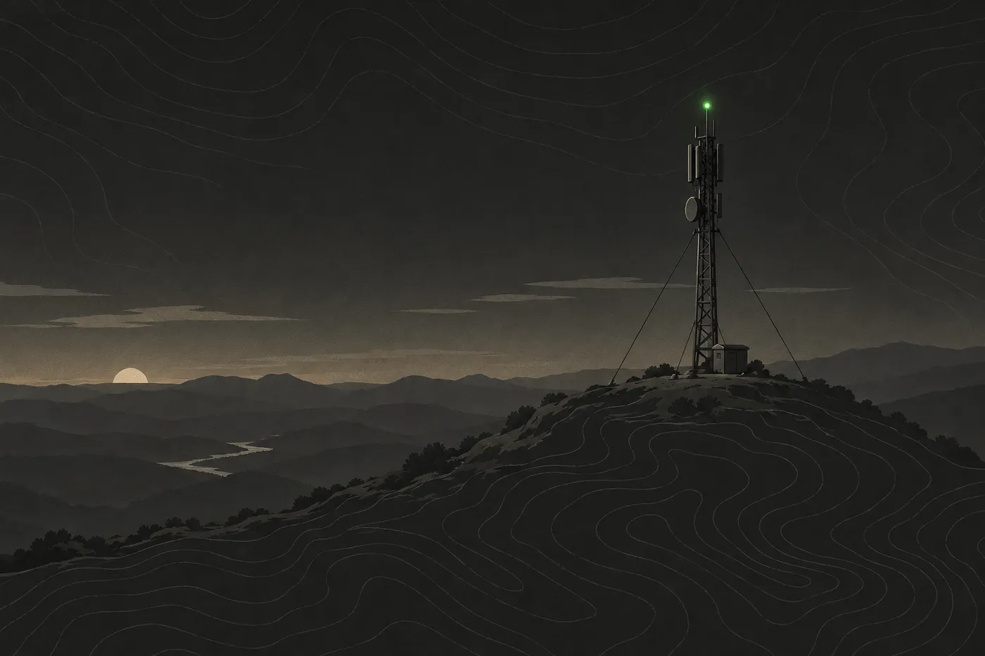 A repeater antenna mast on a hilltop above contour-lined ground, with a small green status light