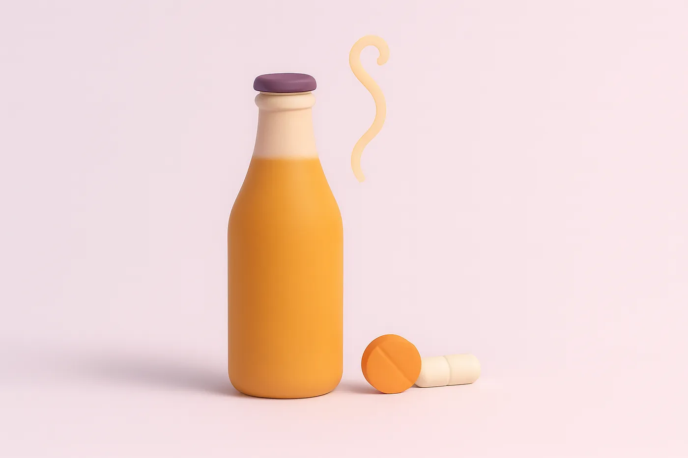 An unlabeled soda bottle beside a vitamin C tablet and a preservative capsule, with faint swirling lines above the bottle