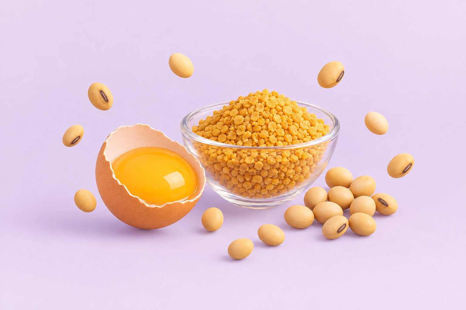 Golden lecithin granules next to an egg yolk and soybeans