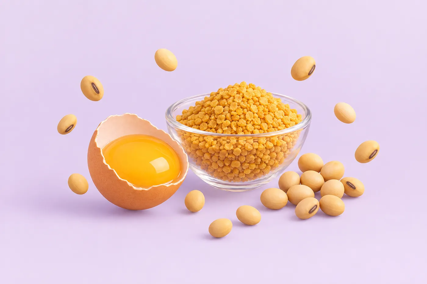 Golden lecithin granules next to an egg yolk and soybeans