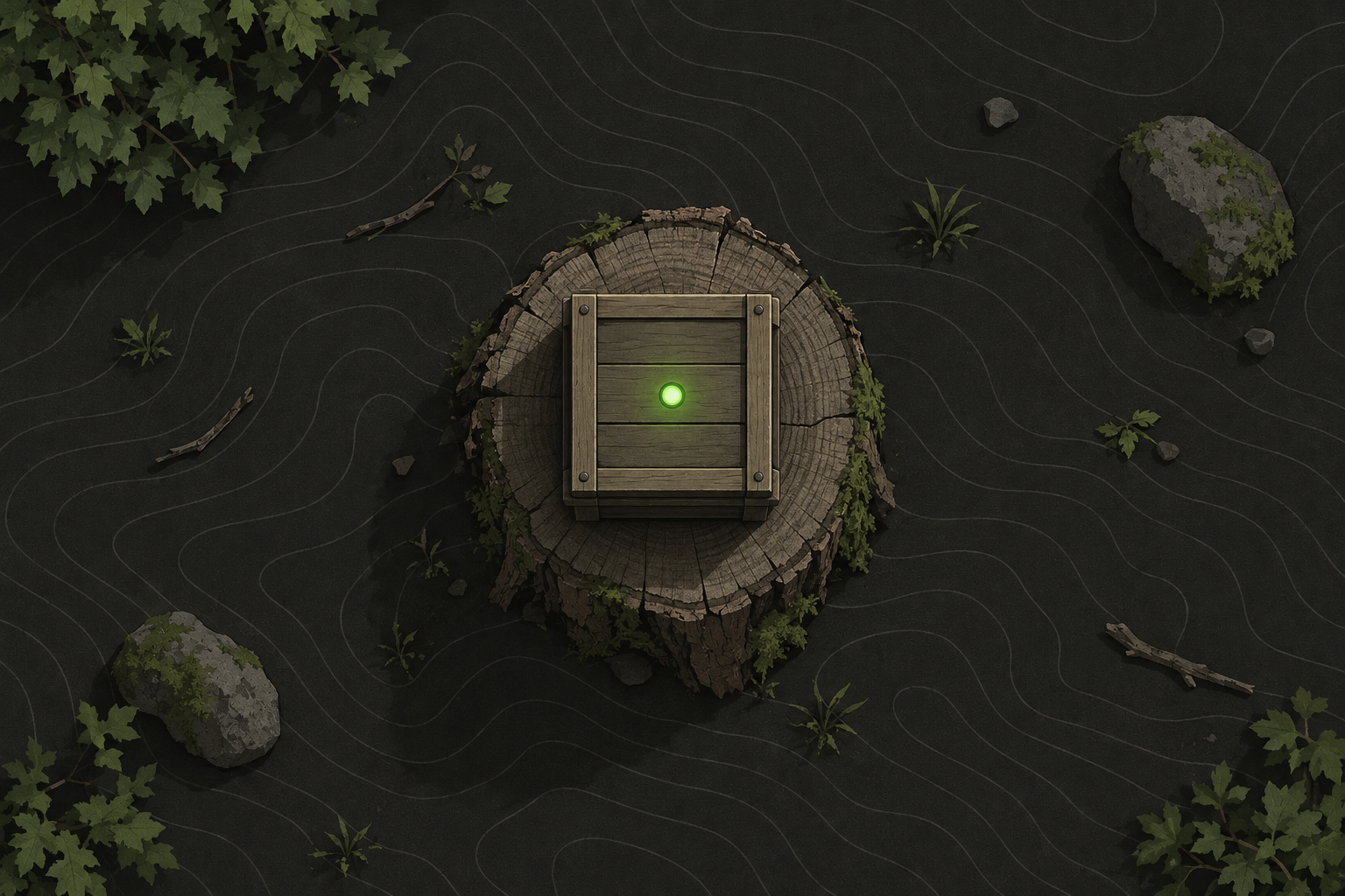 A wooden capture-point box on a stump in a clearing with a green light on top