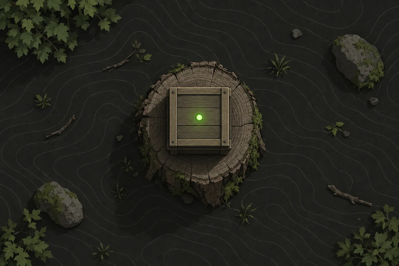 A wooden capture-point box on a stump in a clearing with a green light on top