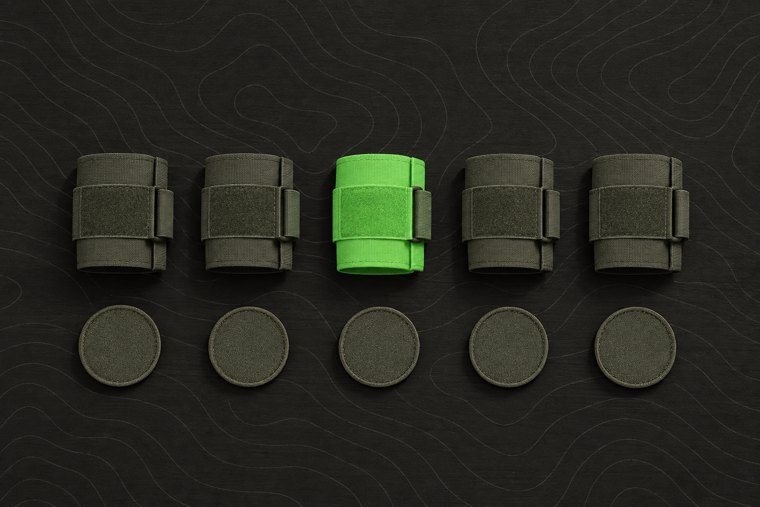 Matching plain armbands and blank fabric patches laid out in a row on a table
