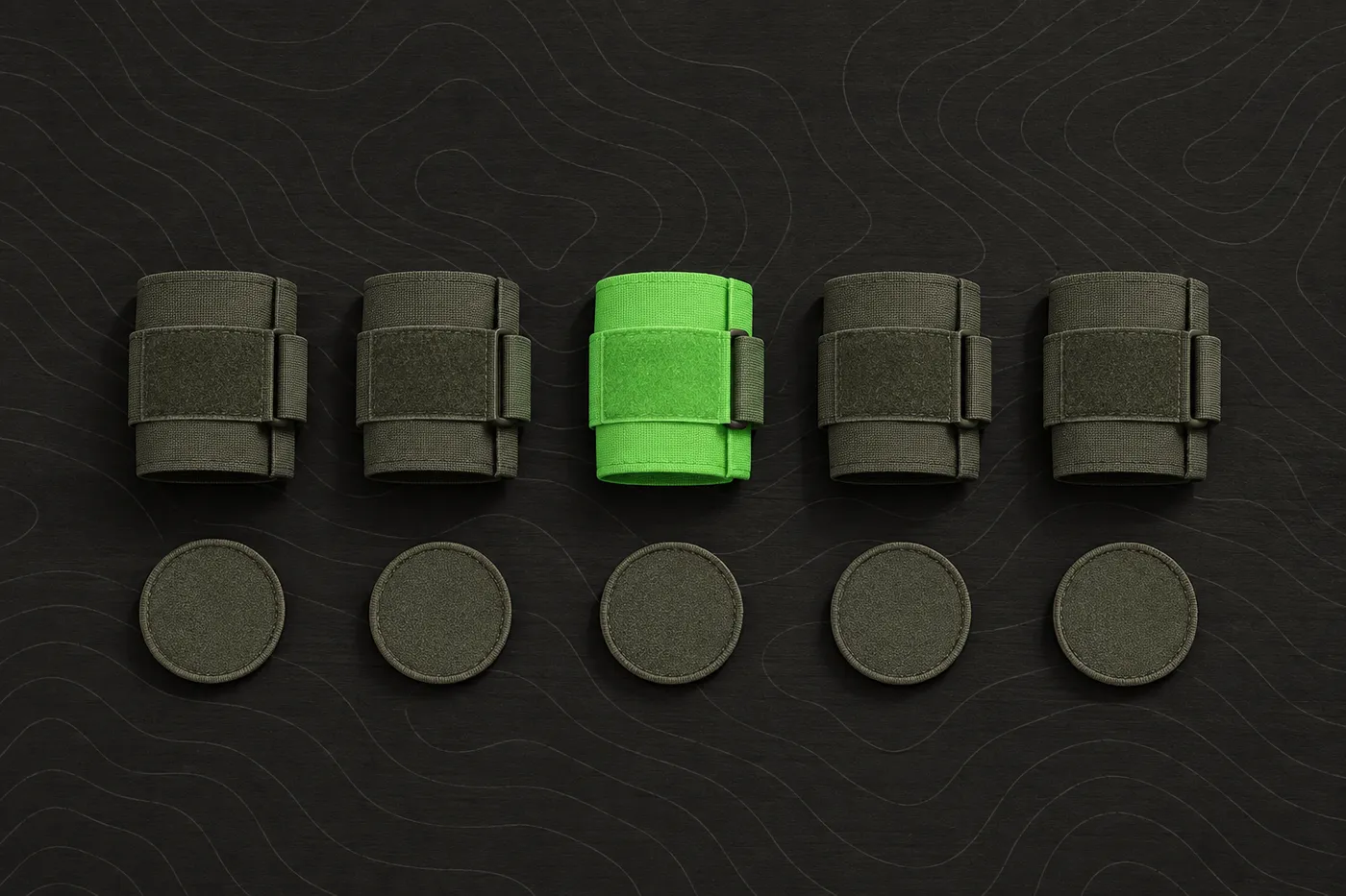 Matching plain armbands and blank fabric patches laid out in a row on a table