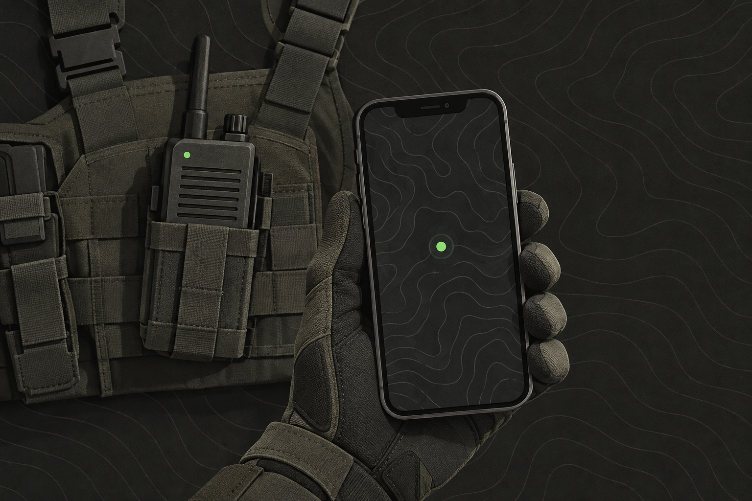 A phone showing a contour-line map with a green position marker, with a radio on a chest rig nearby