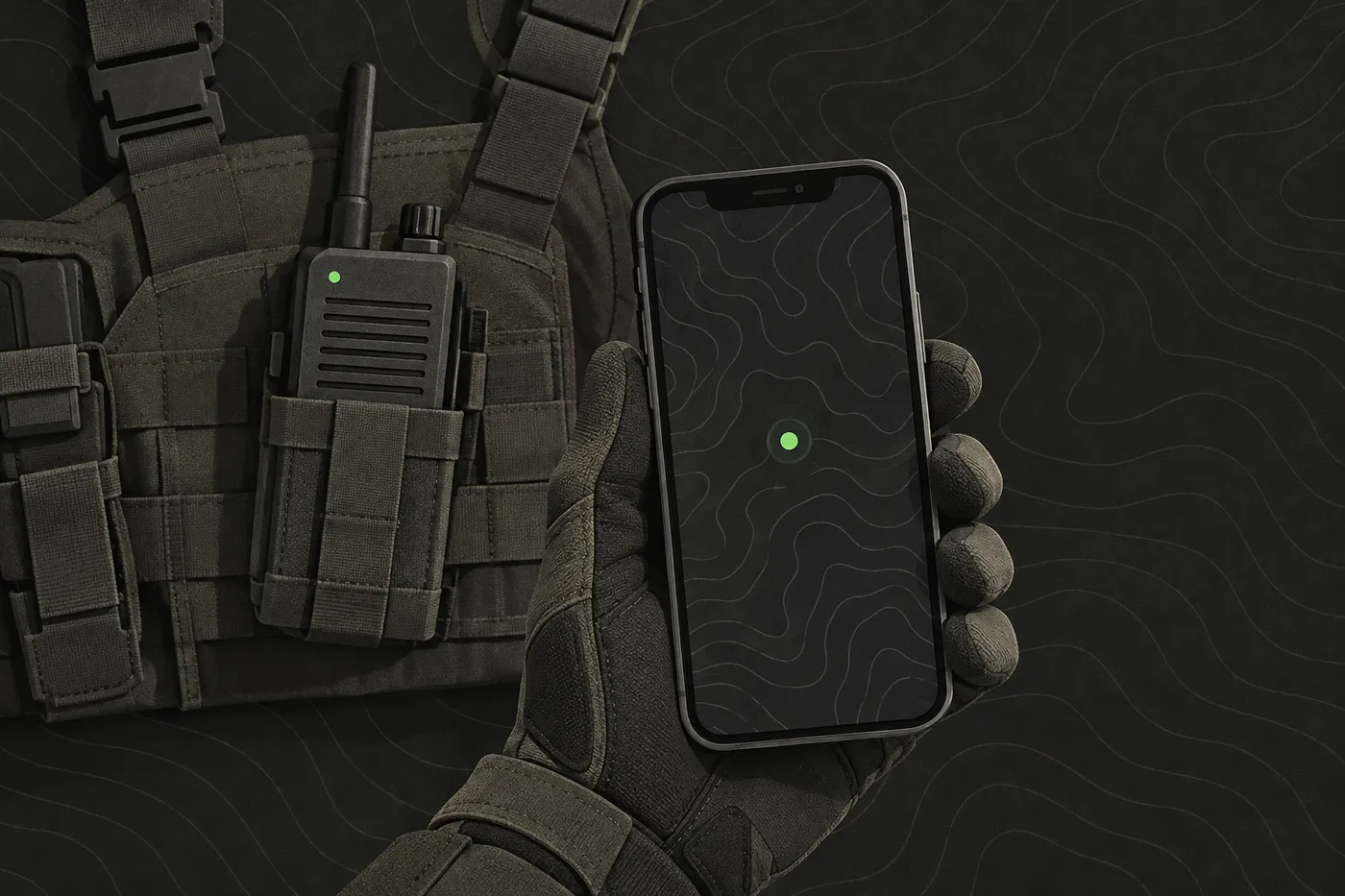 A phone showing a contour-line map with a green position marker, with a radio on a chest rig nearby
