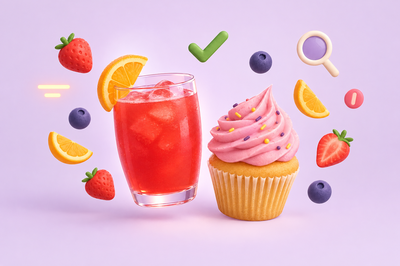A glass of red fruit drink next to a frosted cupcake