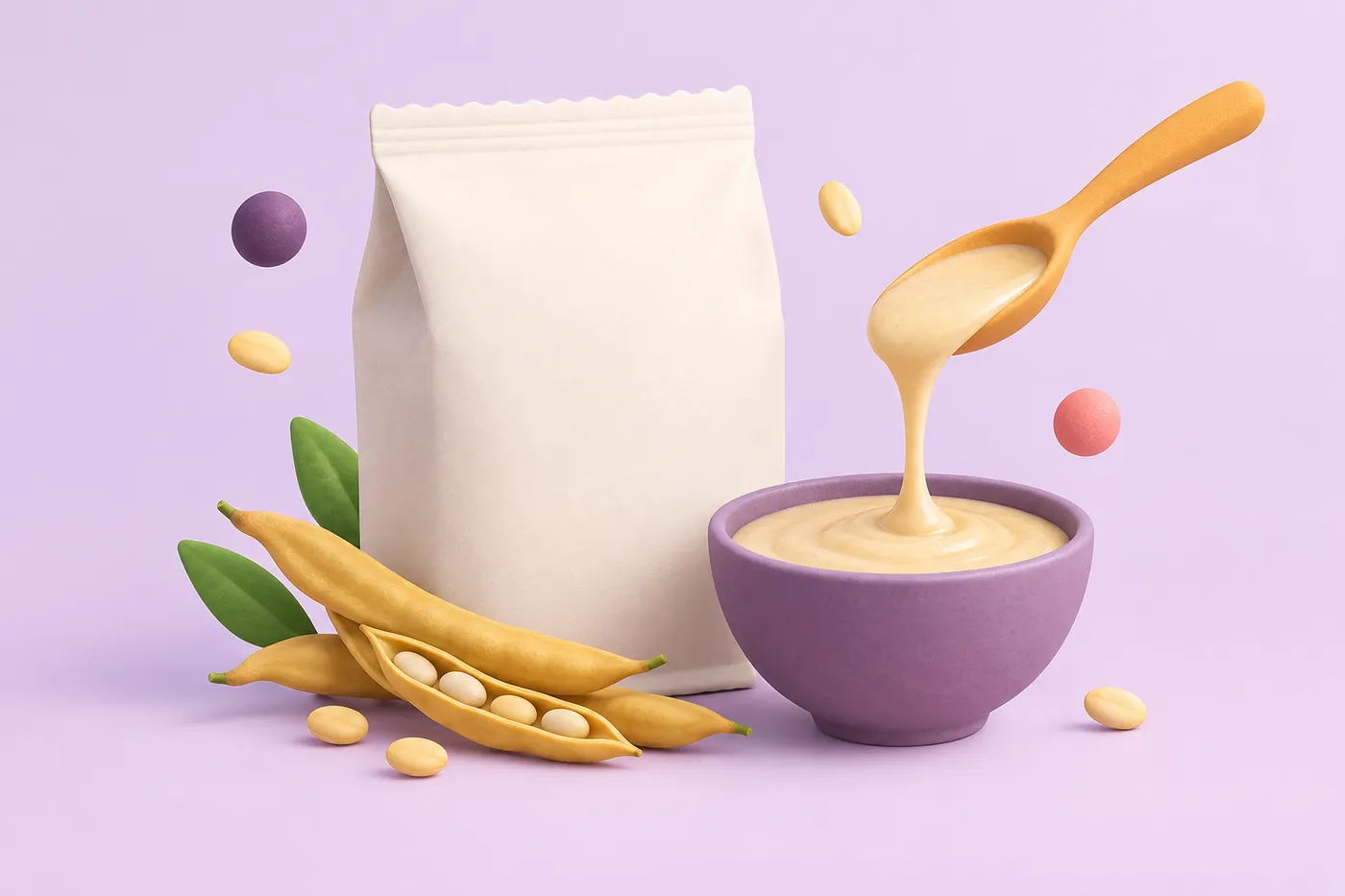 A plain food pouch and a spoon pouring thickened sauce into a bowl, with guar bean pods nearby