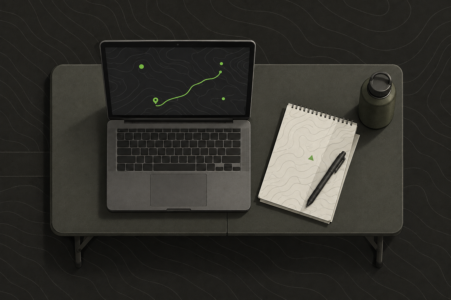 A laptop at a game command post showing team positions, with a notepad for logging reports