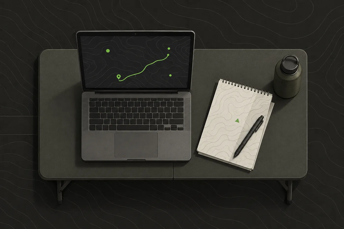 A laptop at a game command post showing team positions, with a notepad for logging reports
