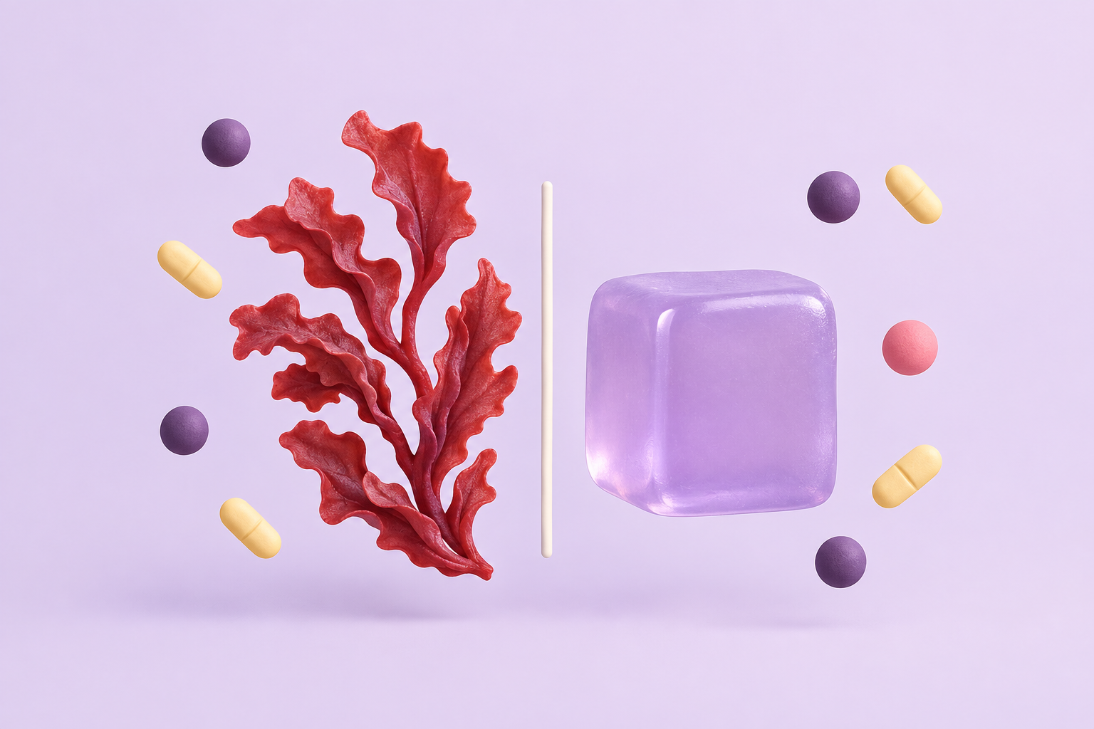 A strand of red seaweed beside a smooth gel cube, representing two unrelated additive origins