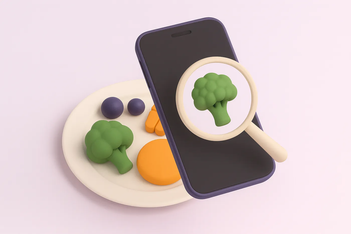 A smartphone camera pointed at a plate of food with a magnifying circle over it