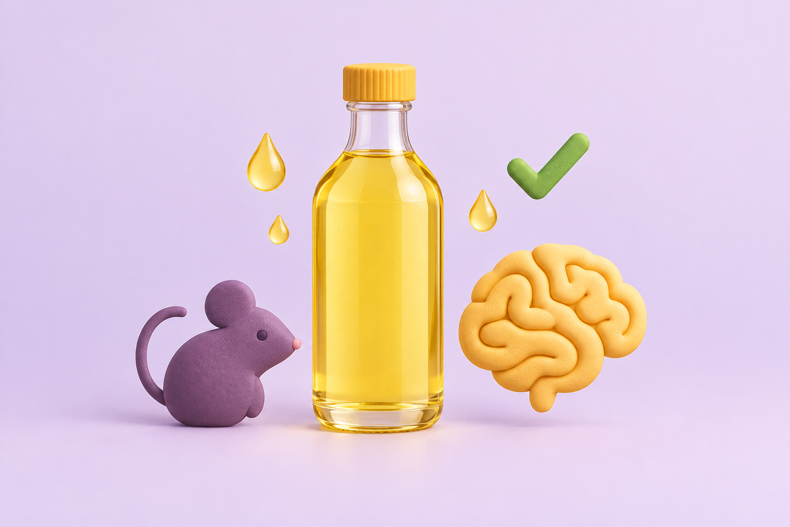 A bottle of cooking oil next to simple mouse and brain icons