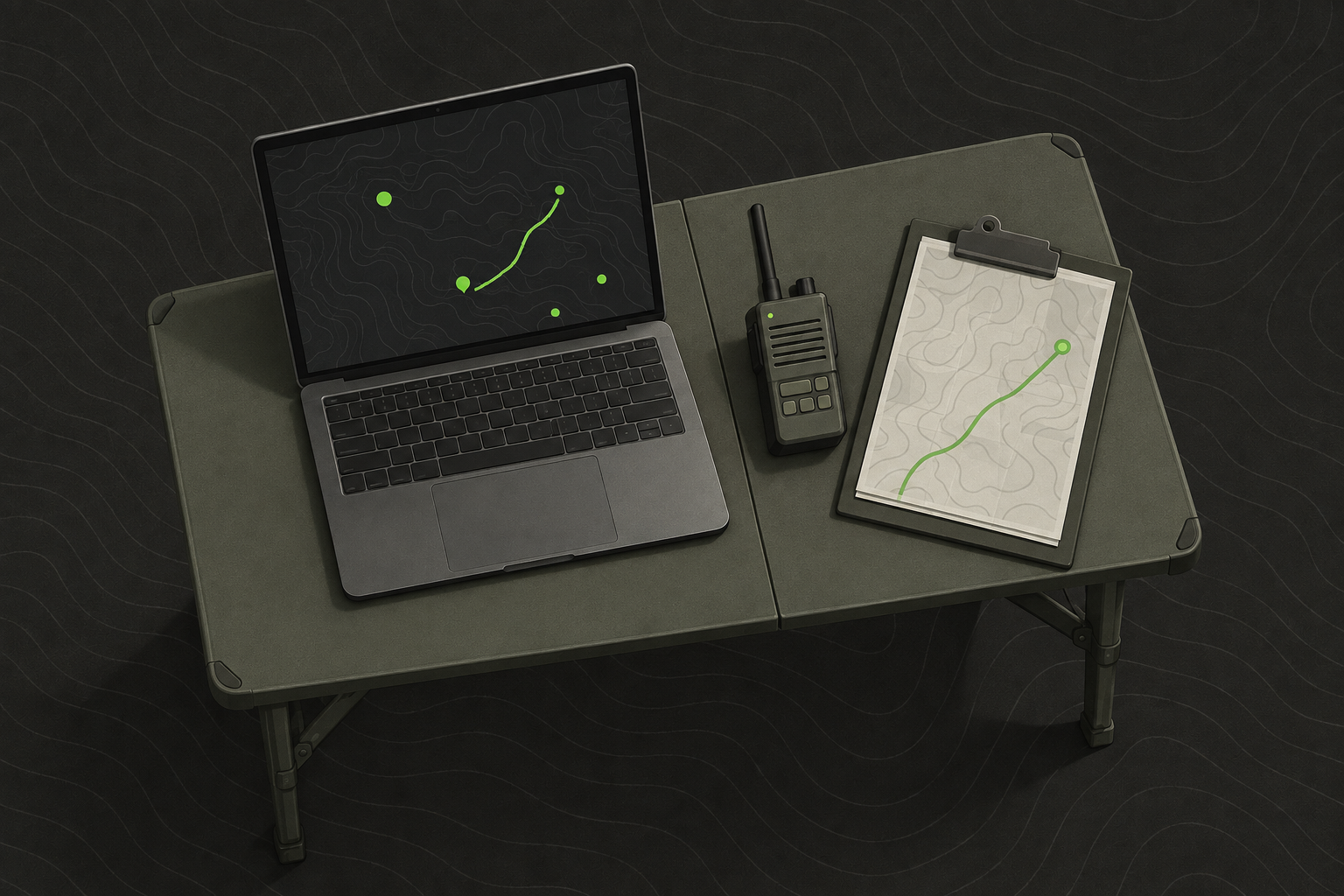 A laptop on a folding table showing a map with team positions, with a radio and a clipboard beside it