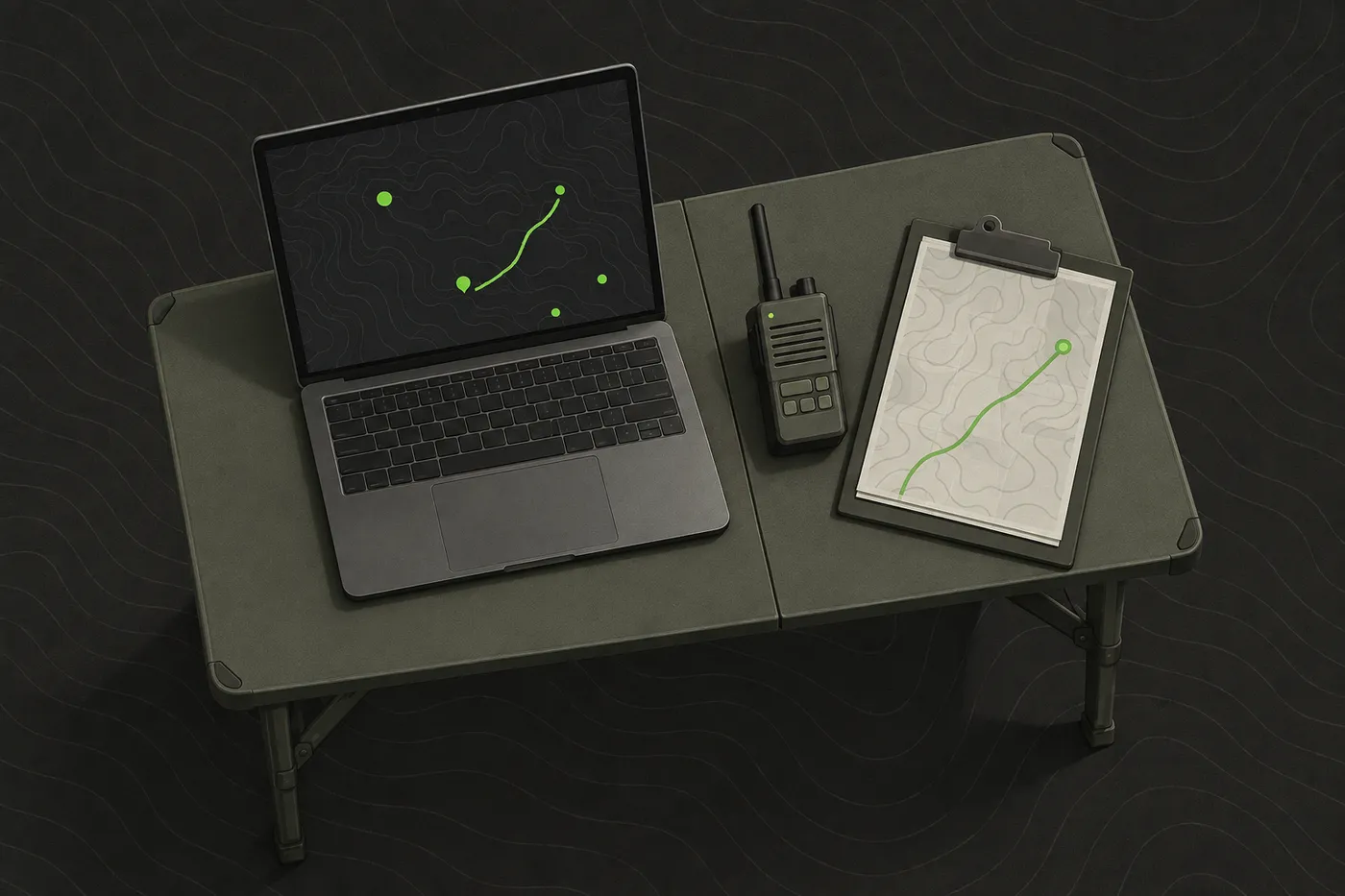 A laptop on a folding table showing a map with team positions, with a radio and a clipboard beside it