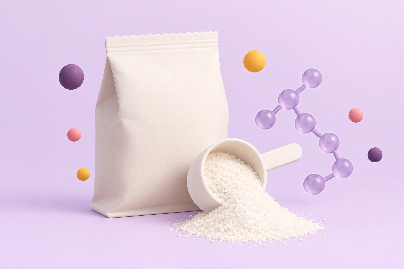 A scoop of unmarked white powder next to simple connected-circle shapes suggesting a glucose chain