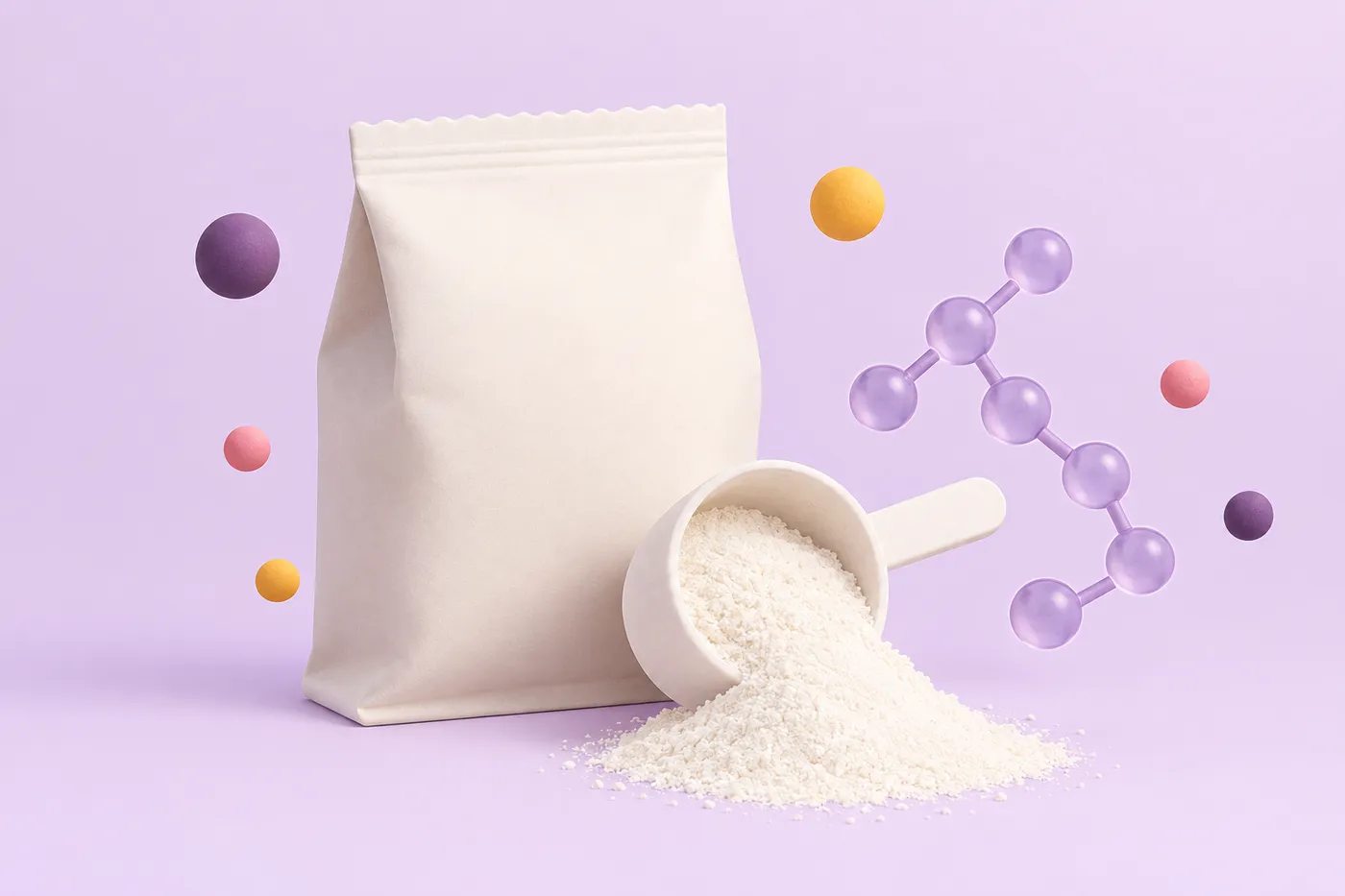 A scoop of unmarked white powder next to simple connected-circle shapes suggesting a glucose chain