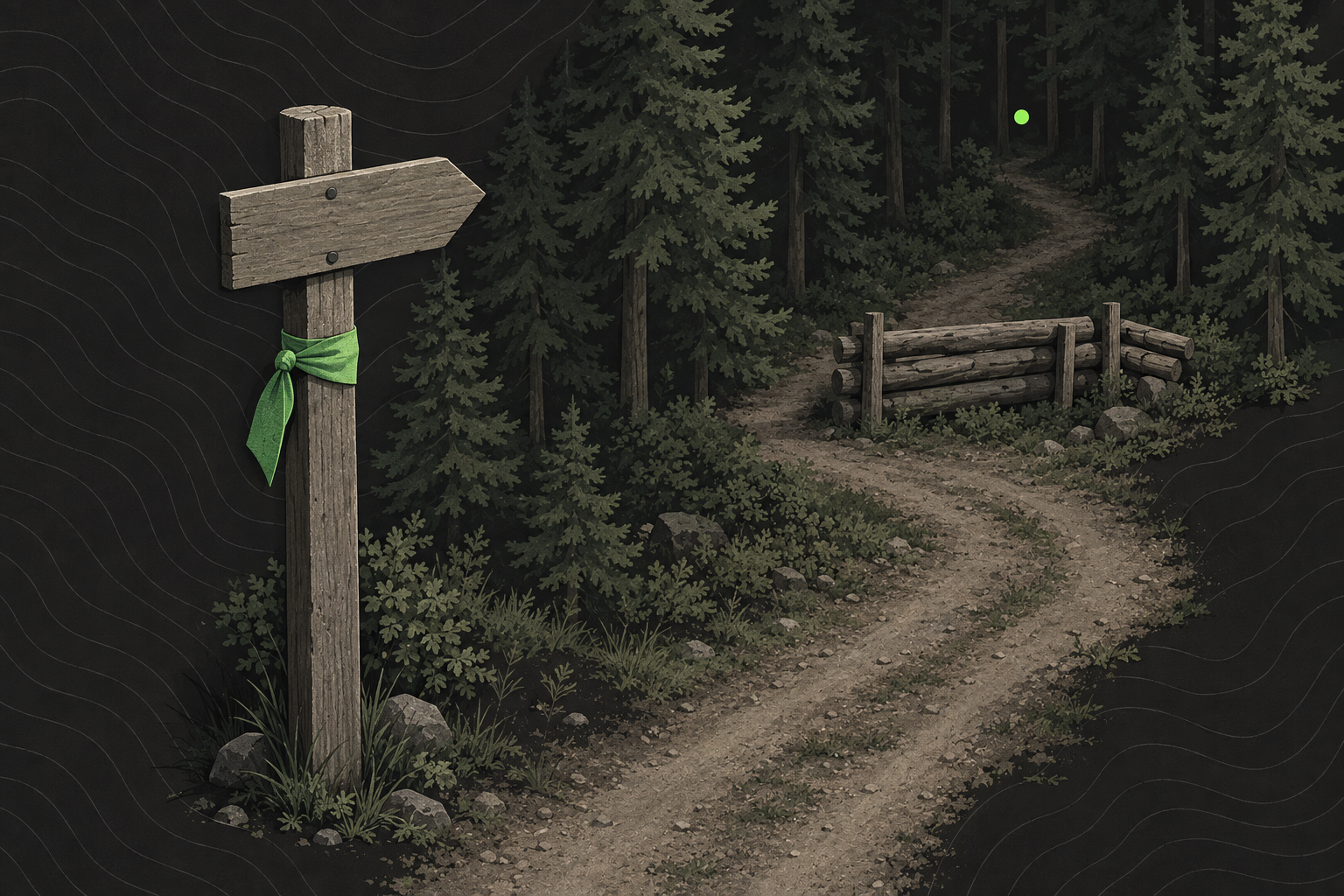 A blank wooden sign post with a green armband tied to it at the edge of a woodland airsoft field