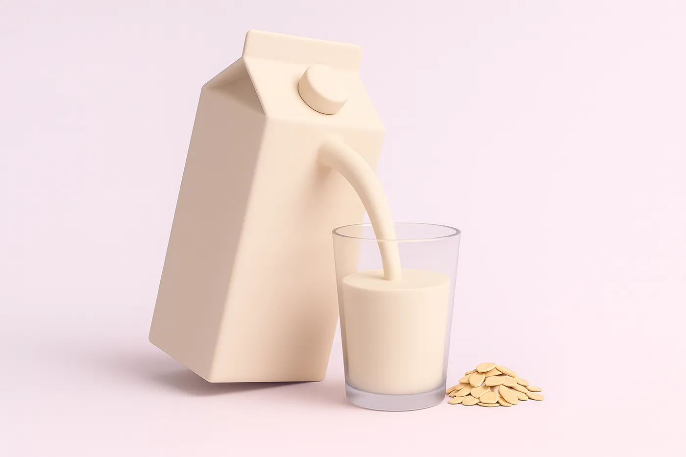 An unbranded carton of oat milk pouring into a glass beside a pile of rolled oats