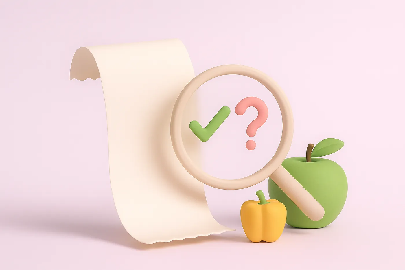 A shopping receipt under a magnifying lens showing a checkmark and a question mark, beside fresh produce