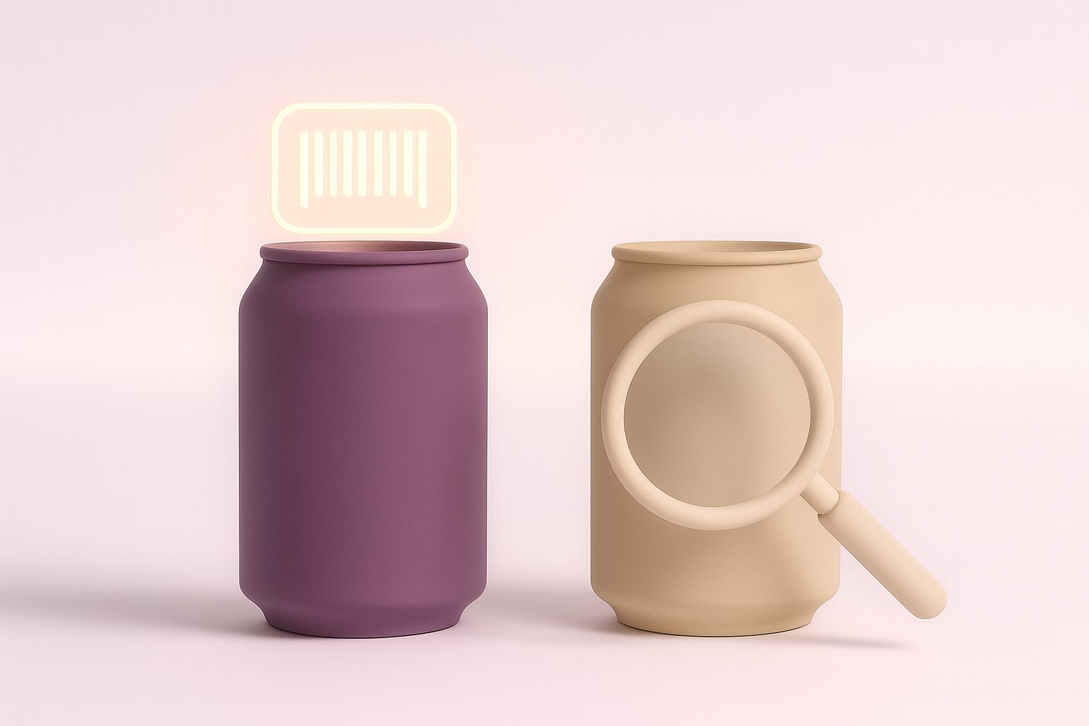Two plain cans compared side by side, one marked with a barcode symbol and one with a magnifying lens