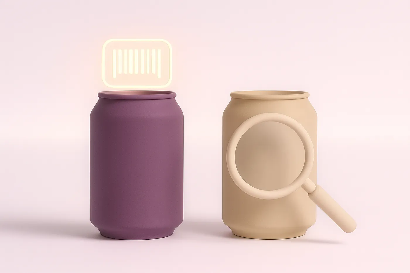 Two plain cans compared side by side, one marked with a barcode symbol and one with a magnifying lens