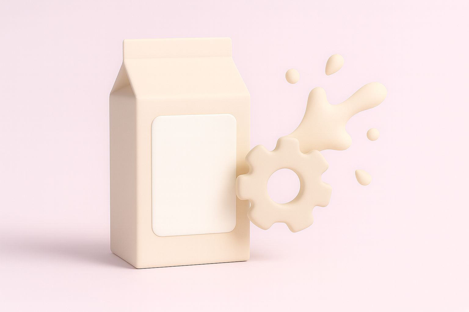 A blank oat milk carton beside a gear icon symbolizing industrial processing, with no text visible