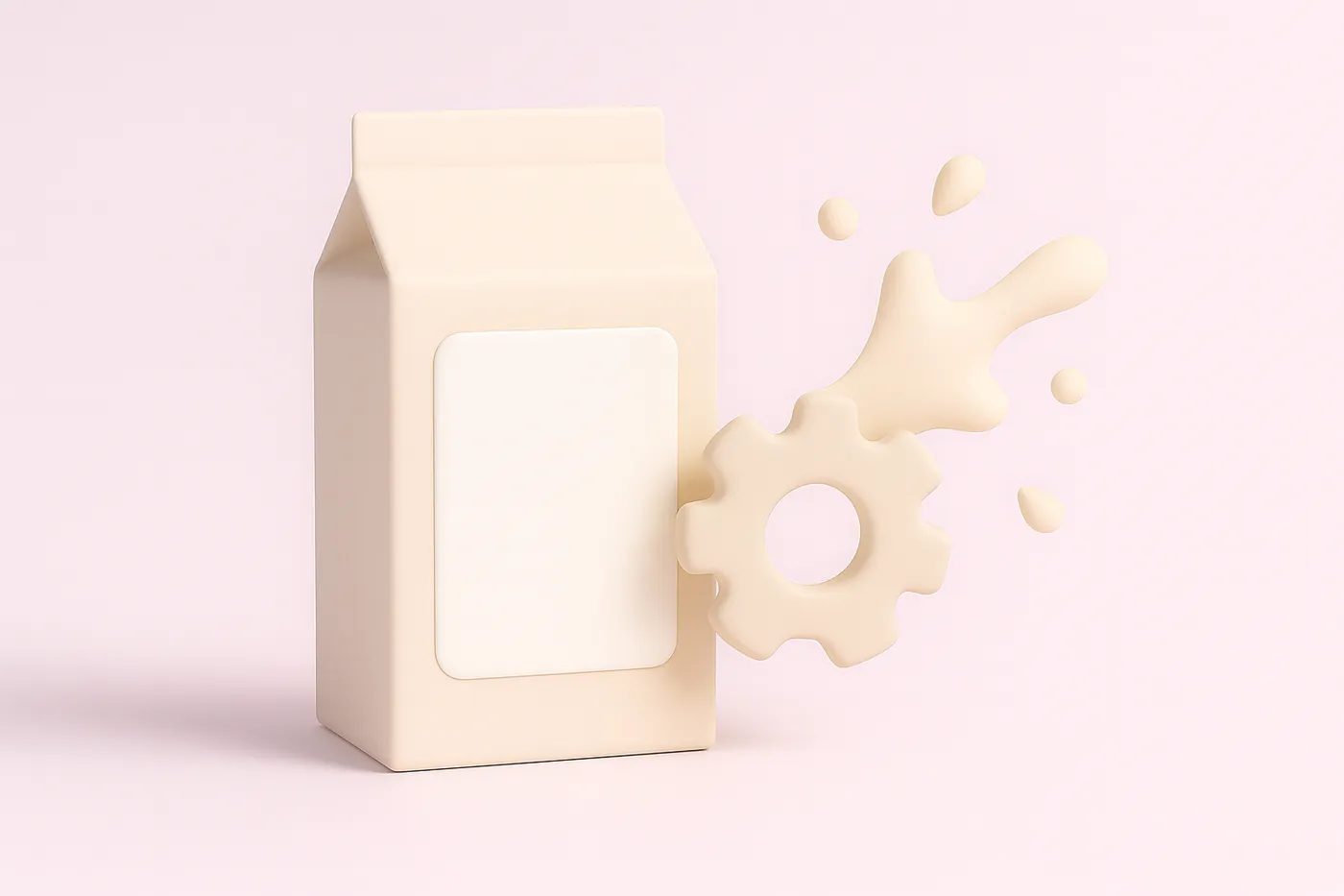A blank oat milk carton beside a gear icon symbolizing industrial processing, with no text visible