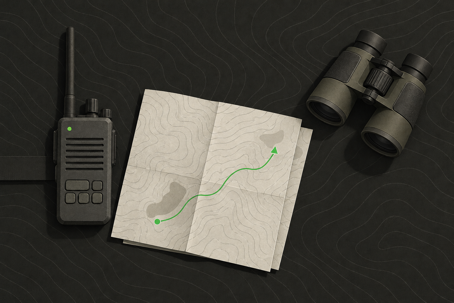 A folded paper map, a radio handset and binoculars on a table before a briefing
