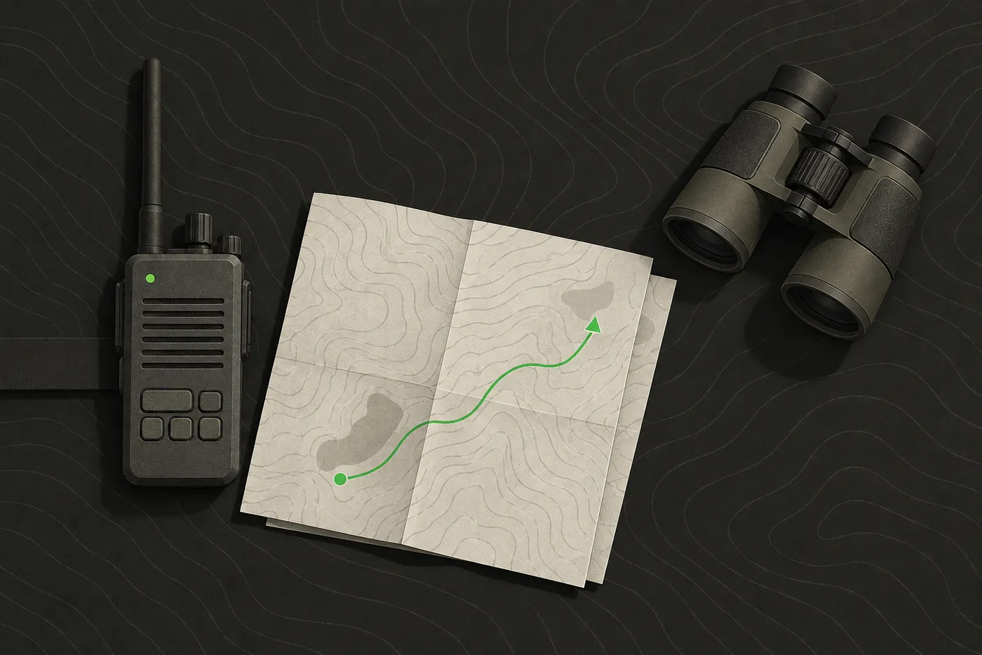 A folded paper map, a radio handset and binoculars on a table before a briefing