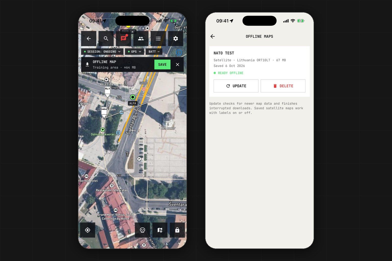 The offline map card on the session map, next to the list of saved offline maps