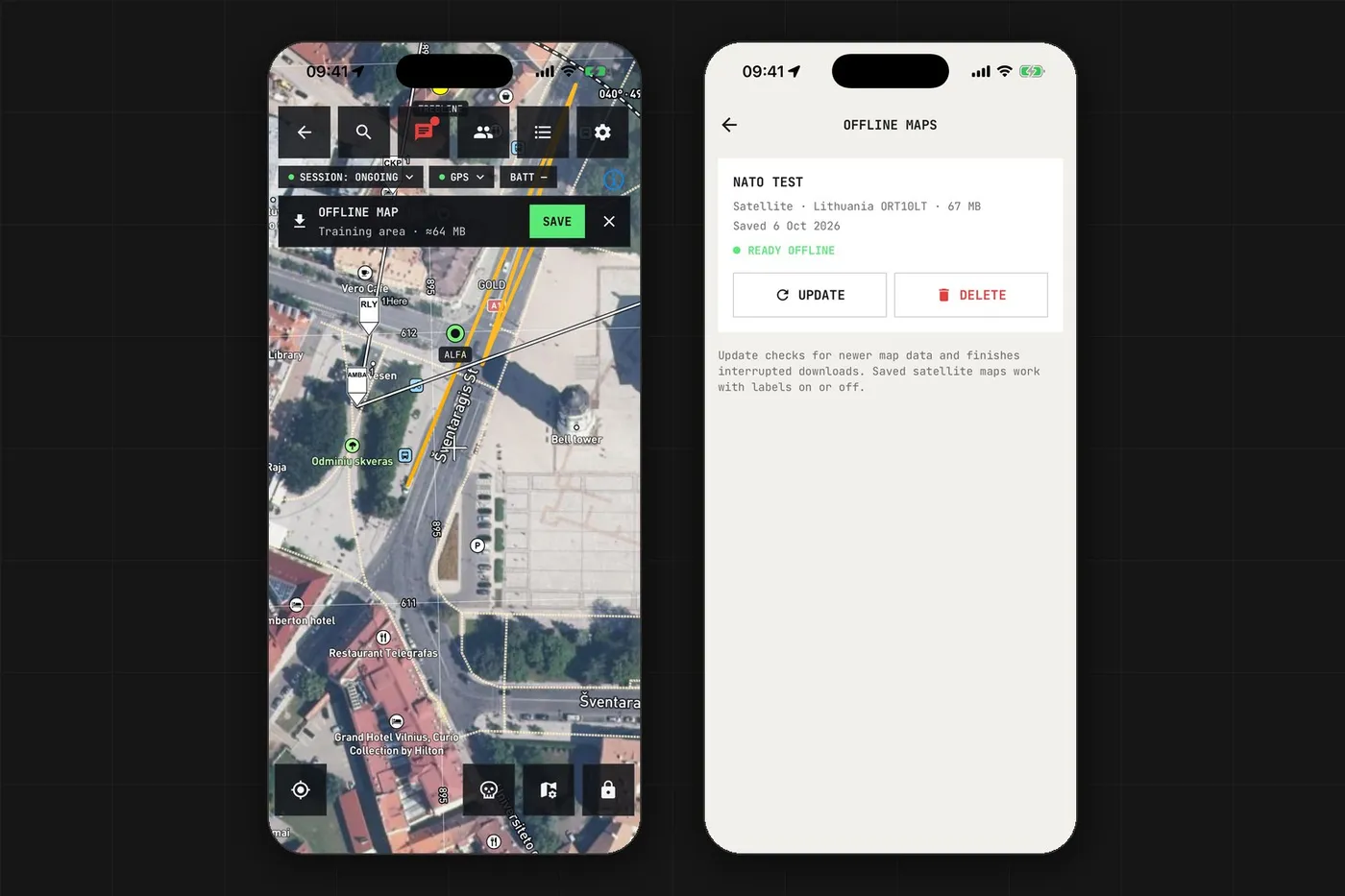 The offline map card on the session map, next to the list of saved offline maps